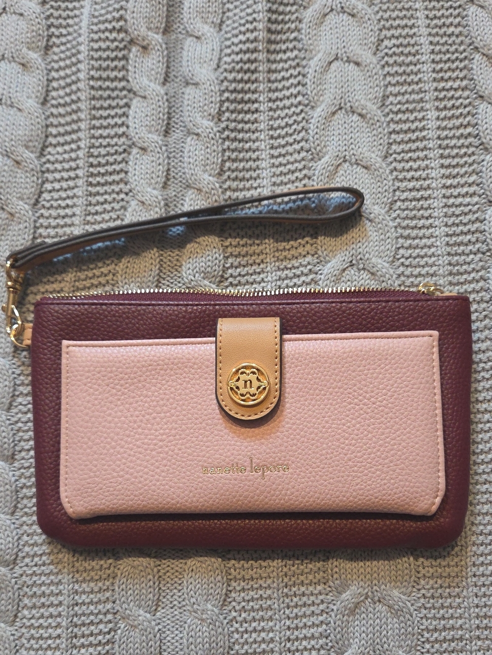 Nanette Lepore Leather Wallet Wristlet Clutch Pink Burgundy Gold NWOT